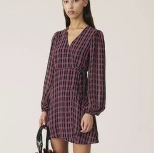 Ganni Georgette Check Long sleeve crepe wrap dress SZ 40